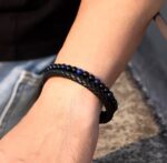 Bransoletka Lapis Lazuli + czarny Howlit + Rzemyk - obrazek 3