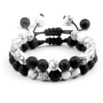 Bransoletka Czarna Lawa i Biały Howlit 2 sztuki z dodatkami